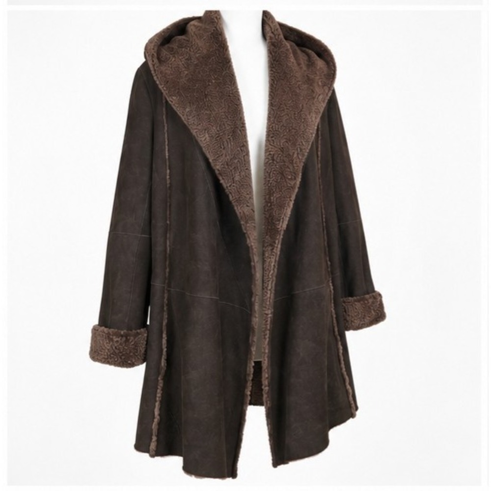Vince M Shearling Leather Coat Spanish Merino Lamb Wool Brown Suede Hooded